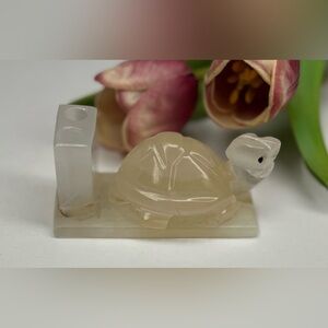 Vintage Hand-Carved Onyx Turtle Pen Holder- 3” Mid Century Stone Desk Accessory